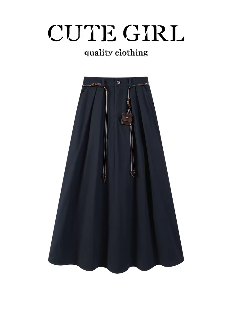 Váy eo thun phong cách Hàn Quốc có thắt lưng dành cho nữ, váy dài xếp ly đa năng eo cao mùa thu