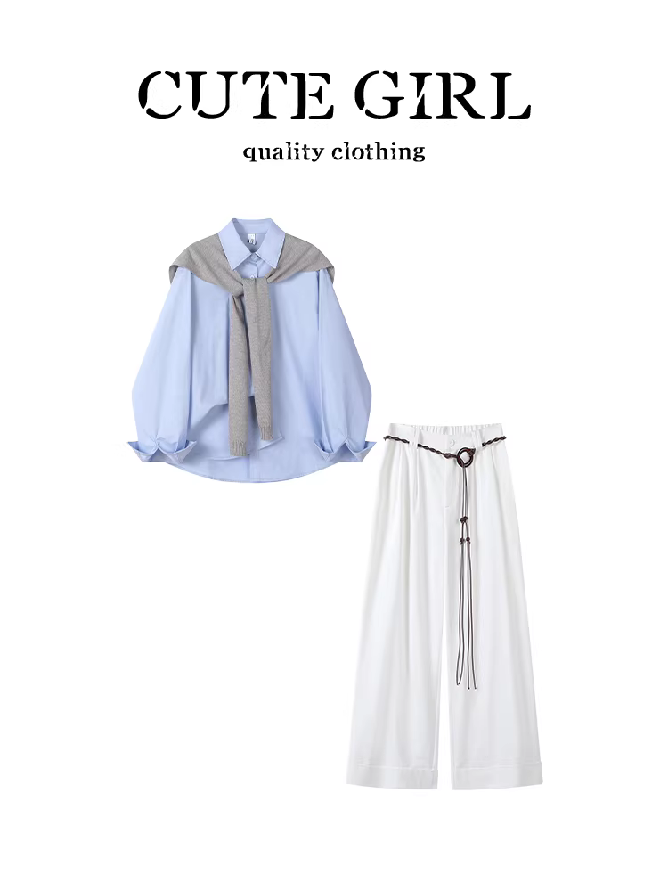 Bộ đồ cao cấp và sành điệu của CuteGirl dành cho nữ, áo sơ mi màu xanh đầu thu có khăn choàng và quần thường ngày, bộ hai mảnh