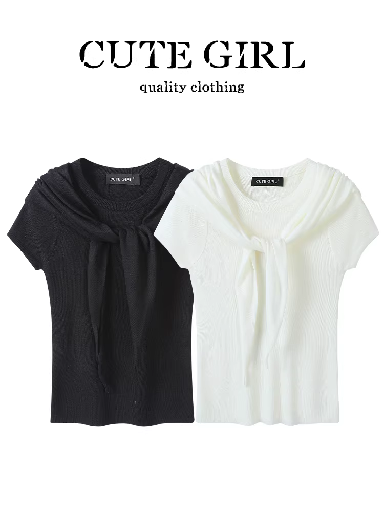 Áo dệt kim ngắn tay màu trắng phong cách Pháp có khăn choàng dành cho nữ vào đầu mùa thu, được thiết kế ôm dáng và tôn dáng.