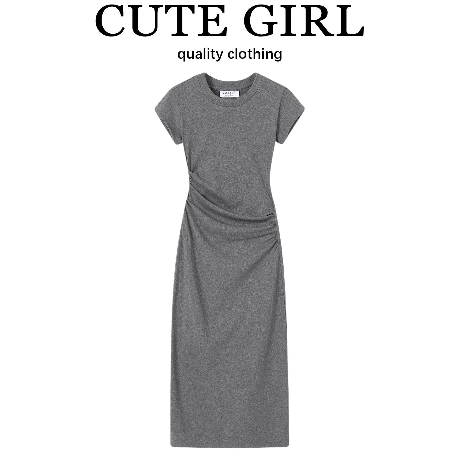 CuteGirl Váy thun ôm eo kiểu dáng đơn giản màu xám phong cách Hàn Quốc dành cho nữ, váy dài xếp ly ôm eo mùa xuân hè