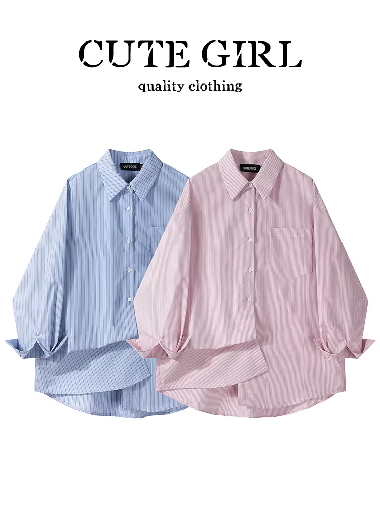 Áo sơ mi cổ polo sọc hồng phong cách Hàn Quốc dành cho nữ, phong cách ngọt ngào mùa thu, áo sơ mi dáng rộng giản dị đa năng giảm tuổi tác