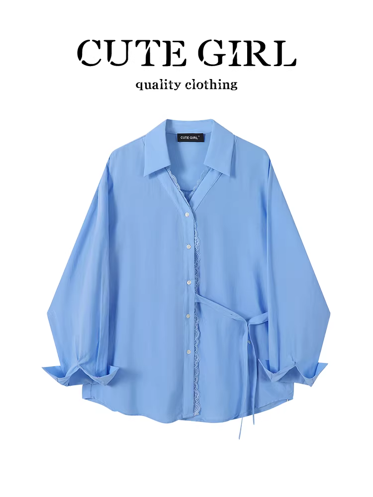 Áo chống nắng cổ chữ V màu xanh viền ren phong cách Hàn Quốc dễ thương dành cho nữ, áo thắt eo phong cách lười biếng mùa hè