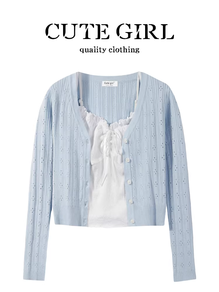 Áo yếm ren thuần khiết và quyến rũ lấy cảm hứng từ thiết kế CuteGirl dành cho nữ, bộ hai mảnh áo cardigan chống nắng dệt kim rỗng mùa hè.
