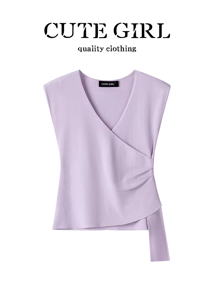 Áo thun không tay cổ chữ V xếp ly bên hông phong cách Hàn Quốc dễ thương dành cho nữ, áo màu tím độc đáo và thanh lịch cho mùa hè