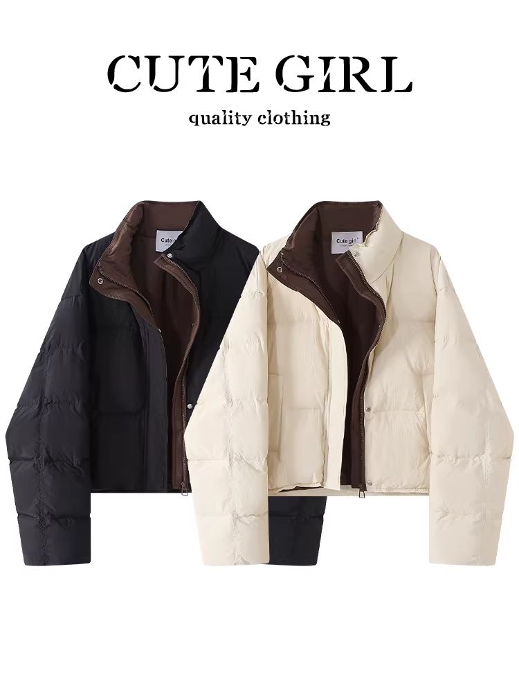 Áo khoác ngắn cổ đứng phối màu phong cách CuteGirl dành cho nữ, mùa thu, dáng rộng, đa năng, giảm béo, áo khoác cotton ấm áp