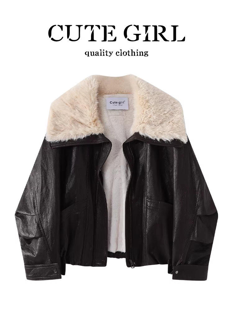 Áo khoác da có cổ bằng len cừu cổ điển của CuteGirl dành cho nữ, áo khoác lót lông cừu thanh lịch, rộng rãi và đa năng cho mùa thu đông