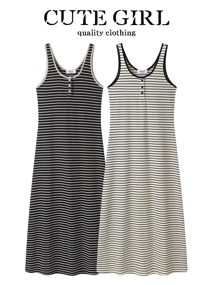 Váy liền thân dệt kim sọc màu phong cách lười biếng CuteGirl dành cho nữ, váy dài không tay mặc trong mùa hè