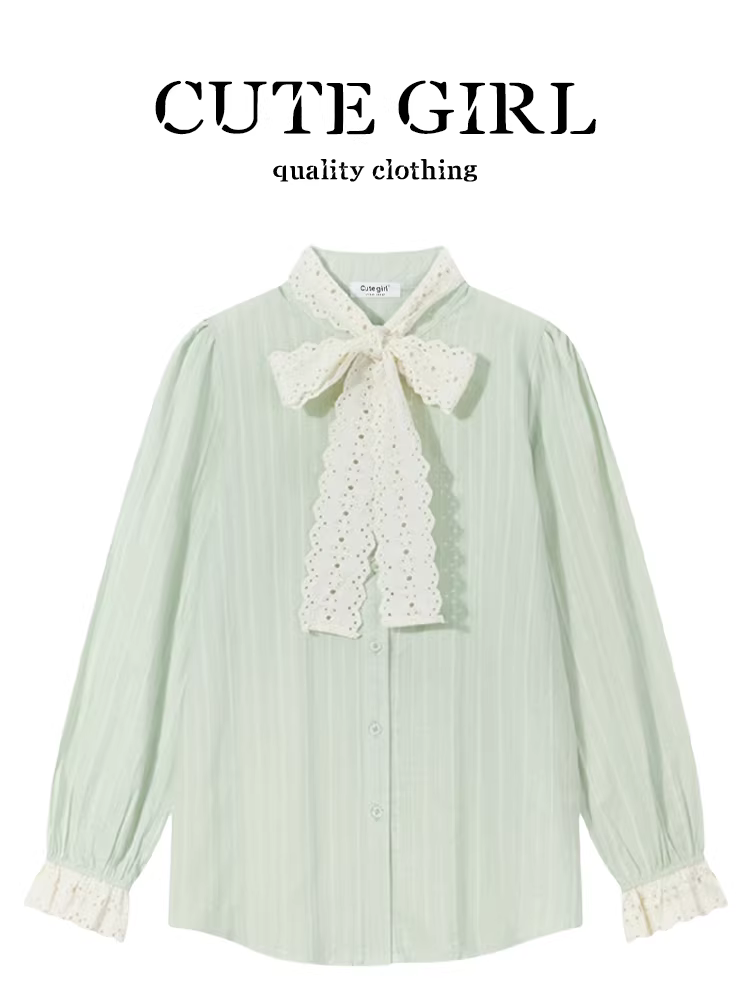 Áo sơ mi sọc dài tay phối ren phong cách Pháp dễ thương dành cho nữ, mùa xuân, áo sơ mi ngọt ngào và thanh lịch.
