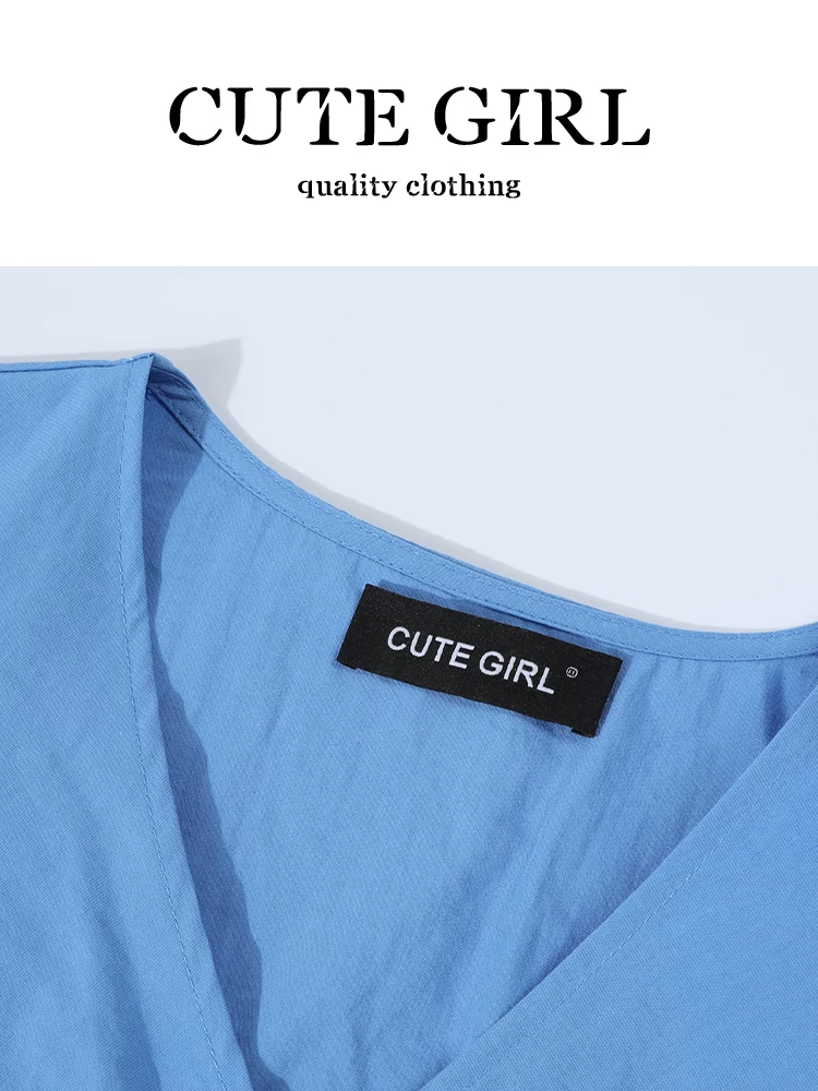 Áo sơ mi ngắn tay cổ chữ V buộc dây kiểu Hàn Quốc CuteGirl dành cho nữ, áo ngắn tay phồng mùa hè