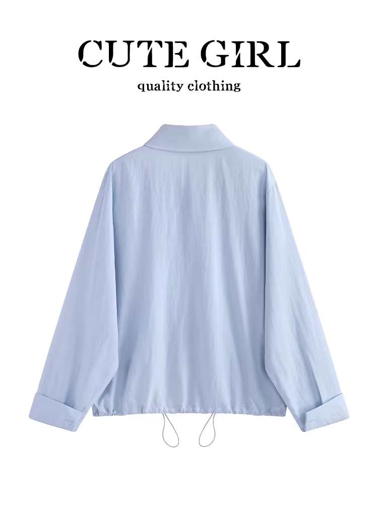 Áo sơ mi cổ polo màu xanh phong cách Hàn Quốc có khăn choàng cổ dành cho nữ, thiết kế mùa thu, áo sơ mi dáng rộng đa năng