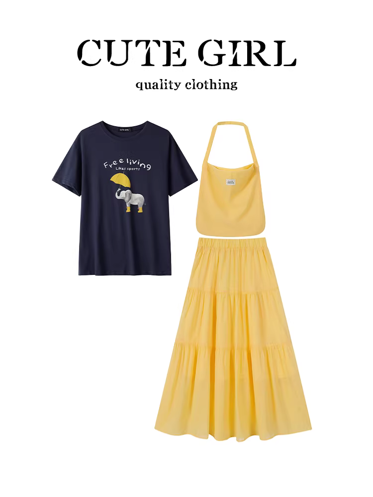 Bộ trang phục giảm tuổi tác phong cách Hàn Quốc CuteGirl dành cho nữ, áo thun ngắn tay in hình con voi mùa hè, váy hai mảnh lưng cao