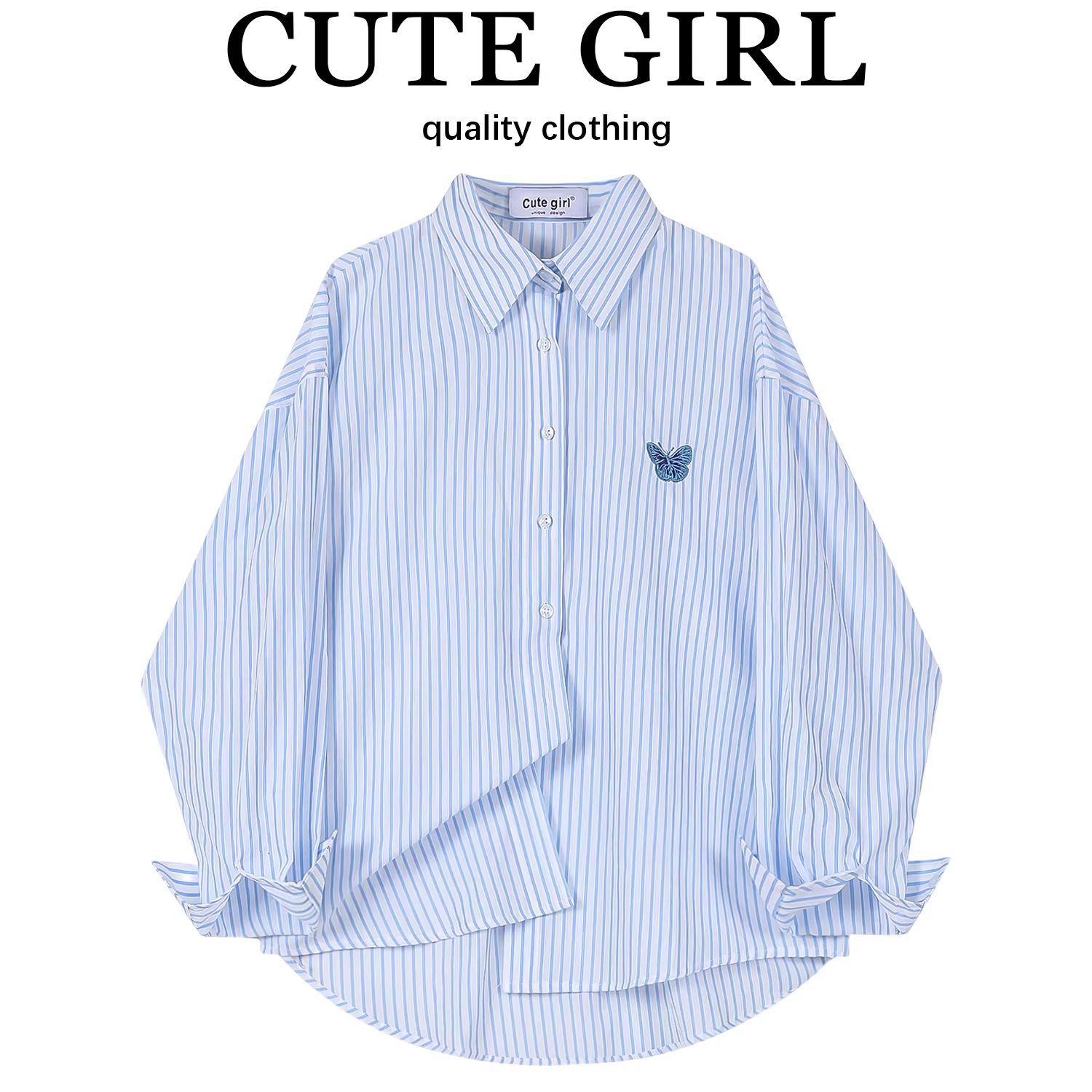 CuteGirl thiết kế sang trọng kiểu Pháp thêu bướm áo sơ mi sọc xanh áo khoác nữ mùa xuân dáng rộng