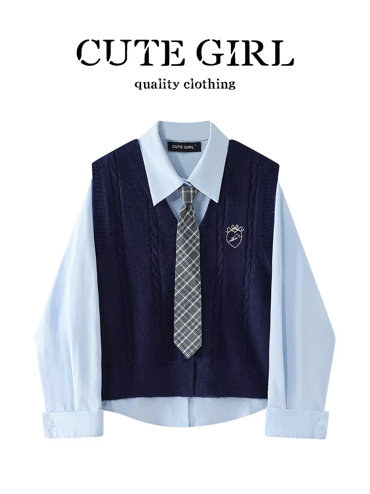 CuteGirl phong cách preppy áo sơ mi cổ polo màu xanh áo vest dệt kim mùa thu dành cho nữ dáng rộng giản dị đa năng phù hợp với lứa tuổi giảm tuổi tác