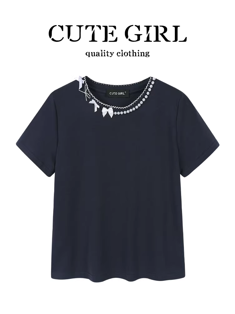 Áo thun ngắn tay cổ tròn màu xanh đính cườm kiểu Pháp kiểu Pháp dành cho nữ, áo mùa hè sành điệu và đa năng