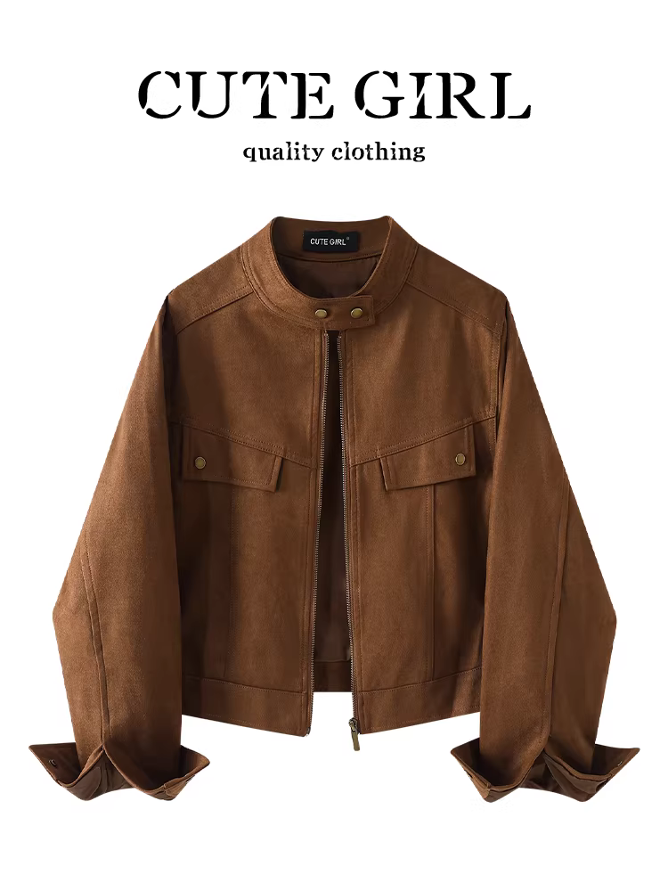 Áo khoác ngắn da lộn màu cà phê phong cách CuteGirl Melard dành cho nữ, phong cách mùa thu, áo khoác dáng rộng, giản dị và đa năng
