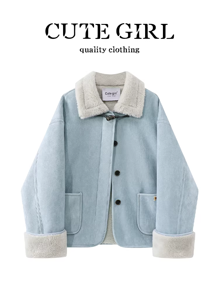 Áo khoác lót lông cừu da lộn màu xanh phong cách Hàn Quốc dành cho nữ, áo khoác biker dáng rộng đa năng mùa thu cao cấp