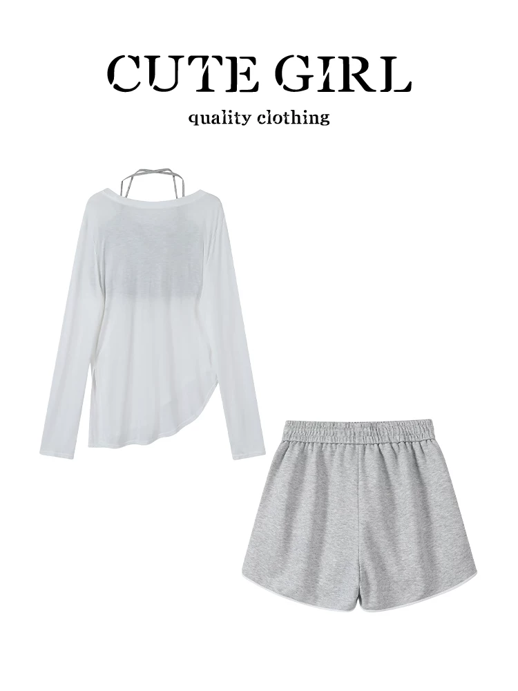 CuteGirl phong cách Hàn Quốc giản dị chống nắng áo thun dài tay chống nắng che nắng mùa hè dành cho nữ quần short dây buộc ba món