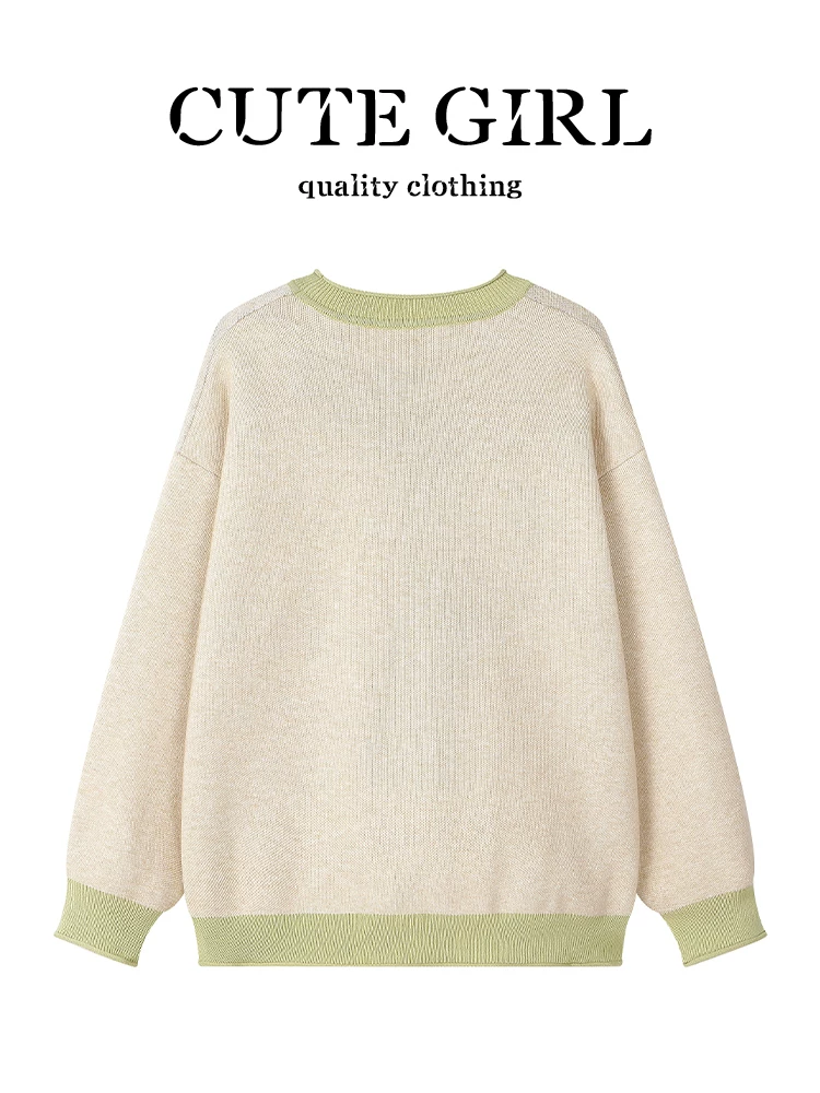 Áo len cổ tròn jacquard lấy cảm hứng từ hoạt hình của CuteGirl dành cho nữ, mùa thu đông, kiểu dáng thời trang, dáng rộng, giản dị, đa năng, áo giảm tuổi tác.