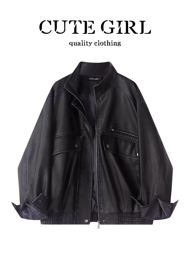 Áo khoác da kiểu dáng cổ đứng retro đen phong cách Hồng Kông CuteGirl dành cho nữ, kiểu dáng thu đông ngọt ngào cá tính, áo khoác da PU ngắn