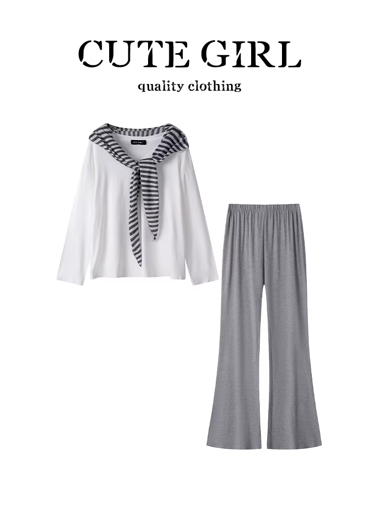 Bộ trang phục giảm tuổi tác CuteGirl dành cho nữ vào đầu mùa thu, phong cách lười biếng với khăn choàng, áo thun dài tay, quần ống loe, bộ ba món