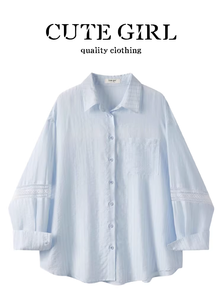 Áo sơ mi sọc rỗng thiết kế ren chắp vá của CuteGirl dành cho nữ, áo chống nắng dáng rộng độc đáo mùa xuân