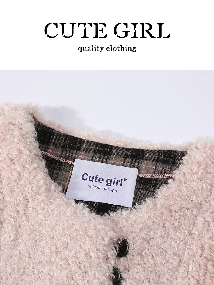 CuteGirl Áo khoác lông cừu màu hồng phong cách Hàn Quốc tích hợp áo khoác len dày dặn mùa thu đông dành cho nữ