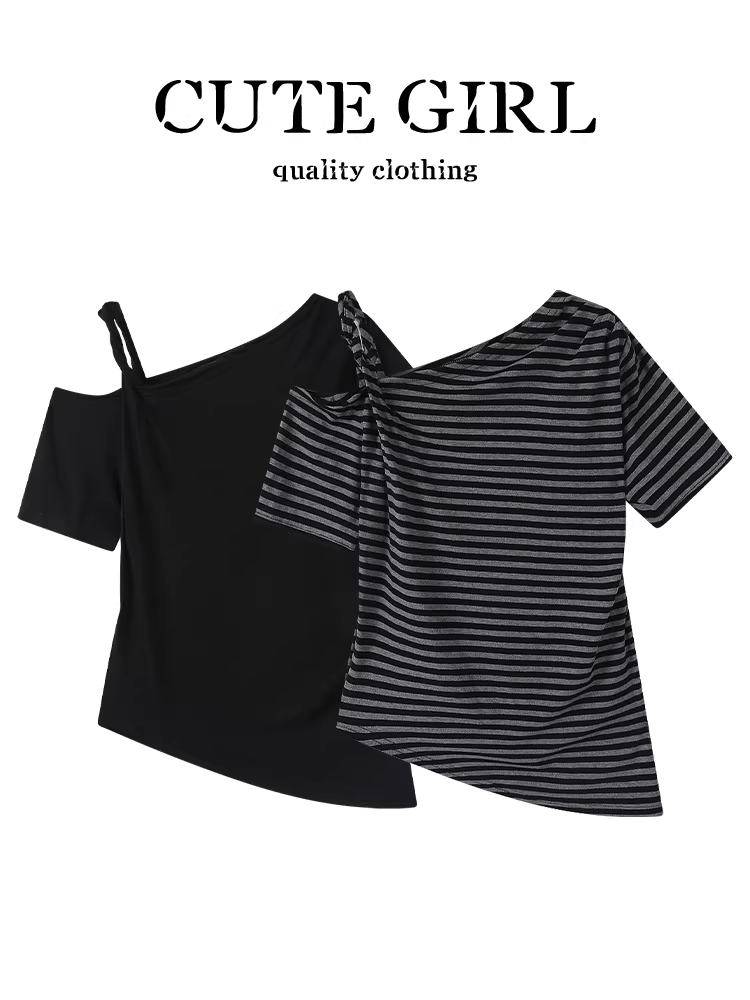 Áo thun ngắn tay trễ vai sọc phong cách Hàn Quốc dành cho nữ, thiết kế mùa hè, dáng rộng, giản dị, đa năng và độc đáo