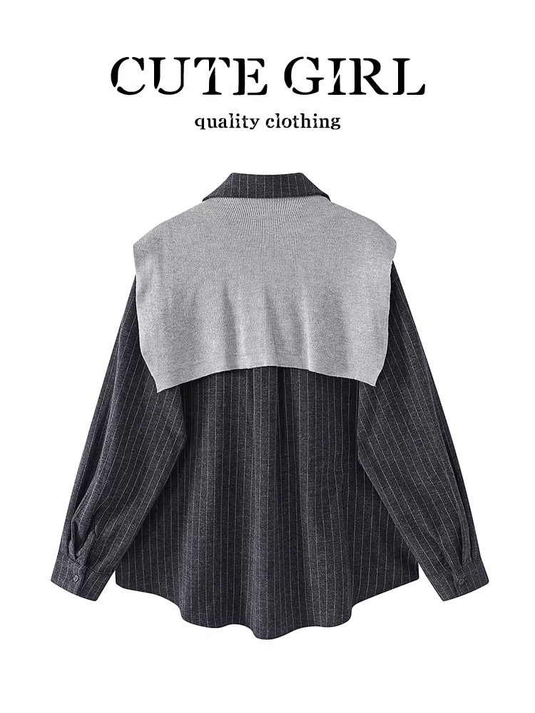 Áo sơ mi cổ polo sọc cao cấp có khăn choàng cho nữ, phong cách mùa thu, áo sơ mi dáng rộng, giản dị và đa năng