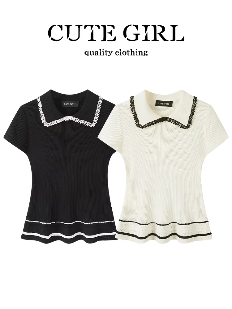 Áo dệt kim ngắn tay cổ búp bê phong cách dễ thương dành cho nữ, thiết kế đầu thu, ôm eo, giảm béo, áo độc đáo