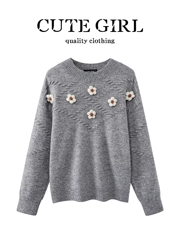 Áo len cổ tròn họa tiết hoa cổ điển kiểu Hàn Quốc CuteGirl dành cho nữ, mùa thu đông, thanh lịch, dáng rộng, đa năng, áo giảm tuổi tác