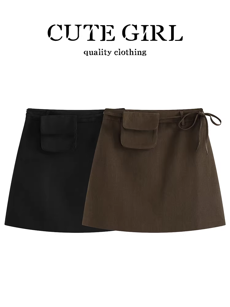 Váy chữ A màu nâu sành điệu có túi đeo thắt lưng dành cho nữ, váy ngắn lưng cao, tôn dáng, đa năng và độc đáo cho mùa thu.