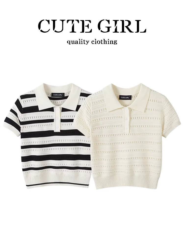 Áo thun ngắn tay dệt kim cổ trụ khoét rỗng phong cách Hàn Quốc CuteGirl dành cho nữ, dáng rộng mùa hè, dáng suông, giảm béo, đa năng, giảm tuổi tác