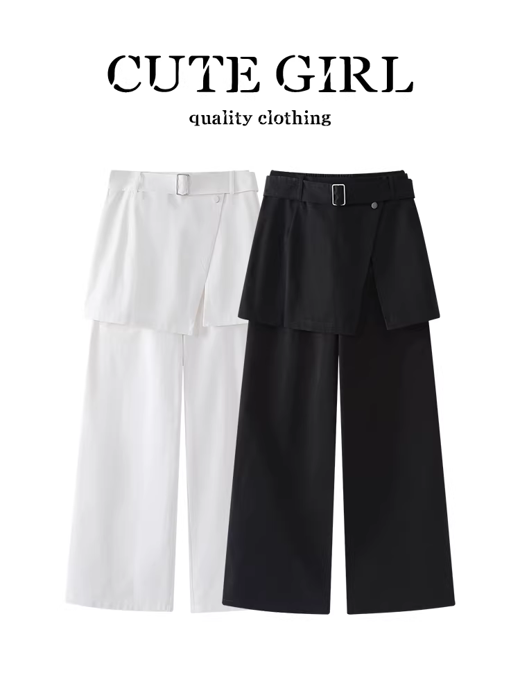Quần ống rộng màu đen phong cách Mỹ của CuteGirl có viền rèm dành cho nữ, quần ống đứng dáng suôn đa năng cạp cao mùa thu giúp thon gọn