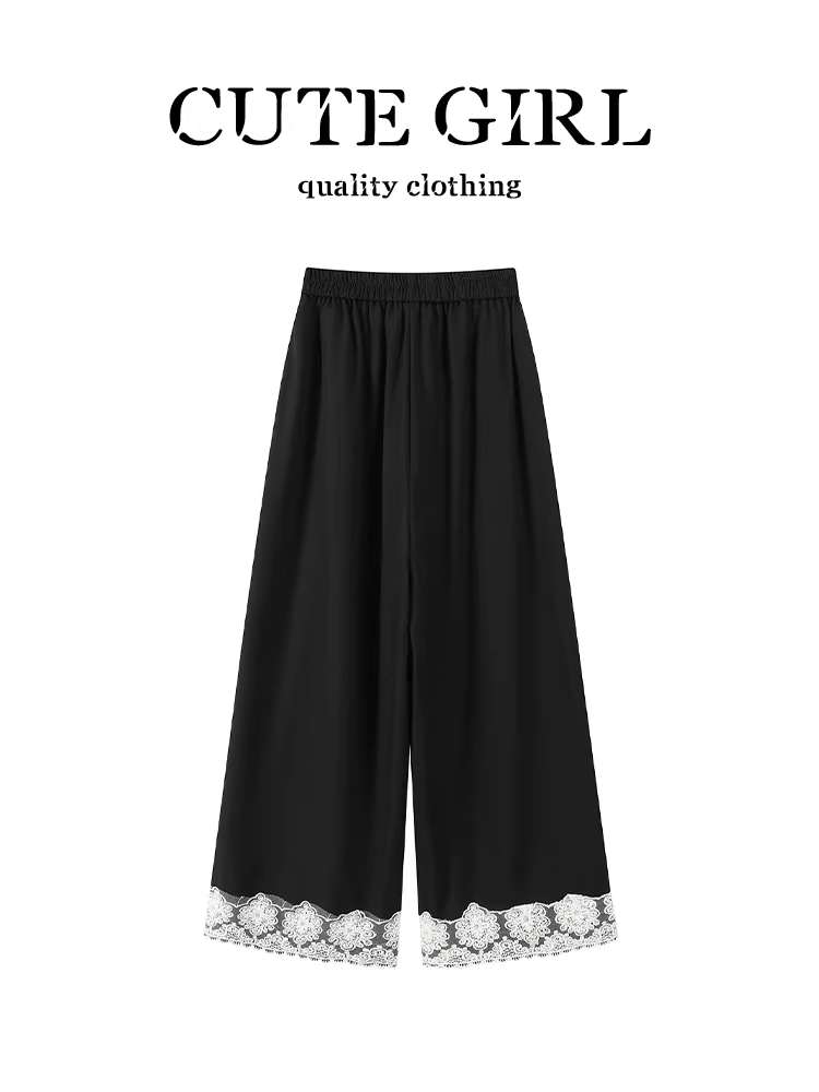 Quần âu nữ kiểu dáng thời trang màu đen có viền ren co giãn dành cho nữ, quần ống đứng cạp cao giảm béo mùa thu