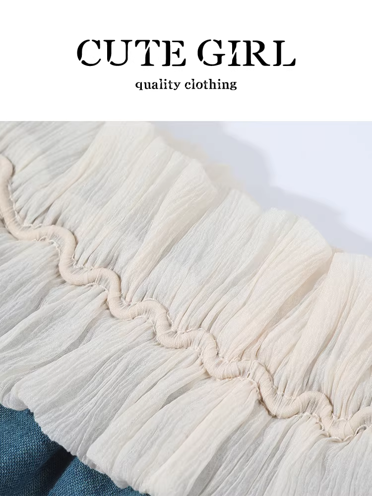 Áo sơ mi denim ngắn tay ren xếp nếp phong cách Pháp dễ thương dành cho nữ, áo trễ vai tay phồng mùa hè