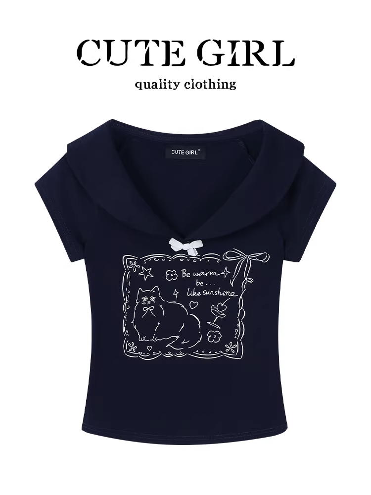 Áo thun ngắn tay cổ búp bê in hình hoạt hình phong cách ngọt ngào và cay cay của CuteGirl dành cho nữ trong mùa hè, áo ôm eo độc đáo và đẹp mắt