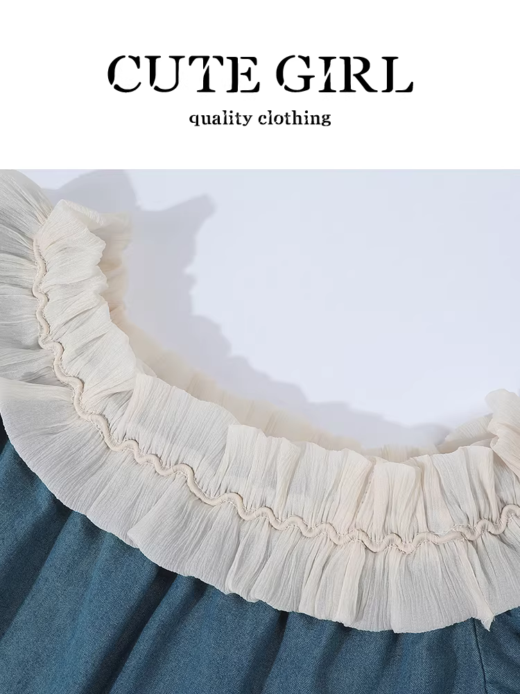 Áo sơ mi denim ngắn tay ren xếp nếp phong cách Pháp dễ thương dành cho nữ, áo trễ vai tay phồng mùa hè