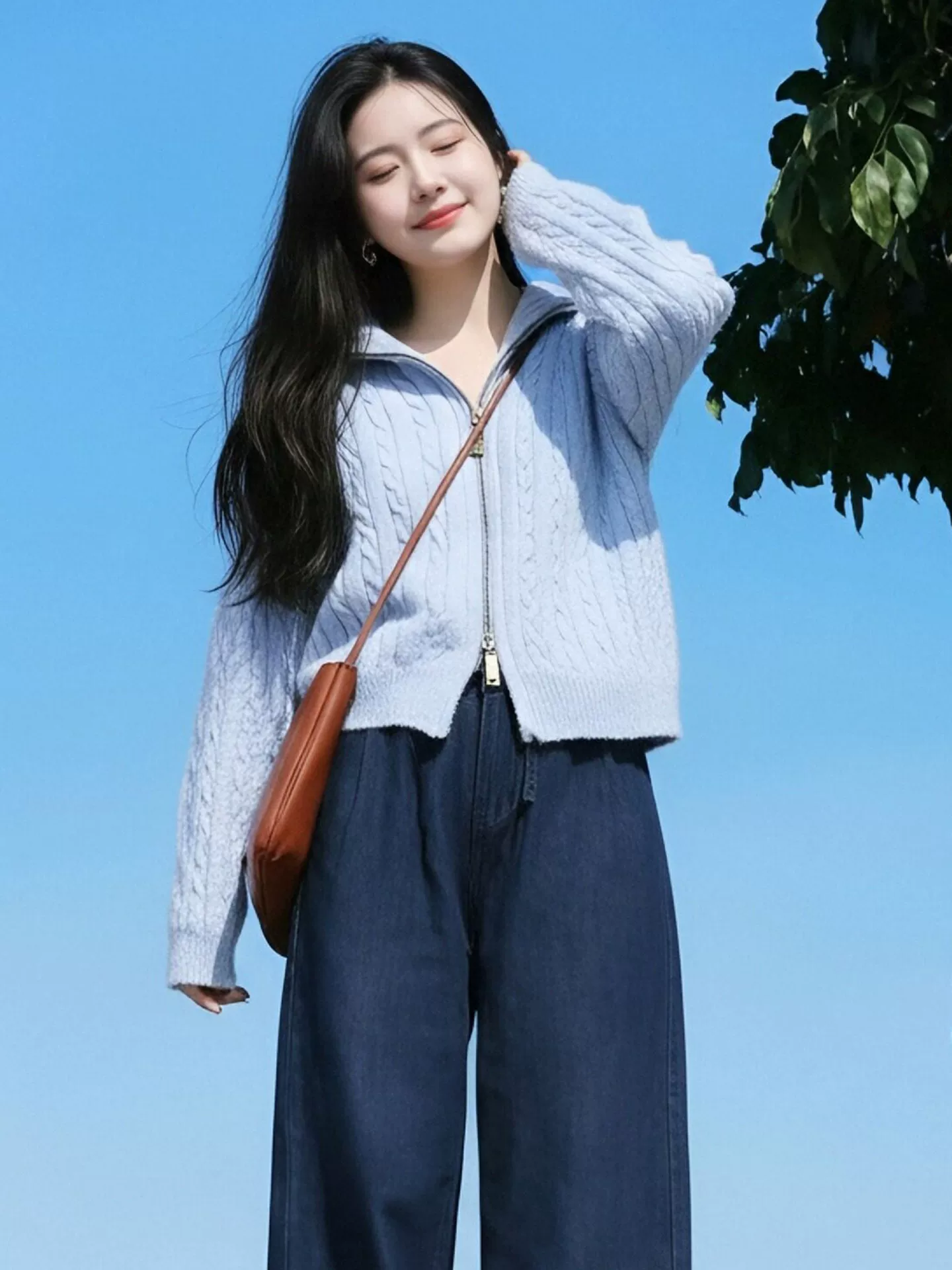 Áo cardigan dệt kim có dây kéo đôi màu xanh lam phong cách Hàn Quốc dành cho nữ, áo khoác dệt kim đa năng giảm tuổi xuân đầu xuân