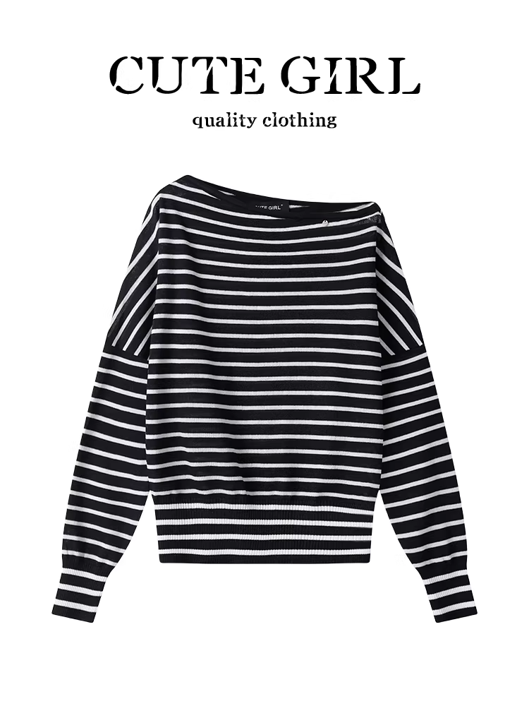 Áo dệt kim dài tay sọc lệch vai phong cách Hàn Quốc dành cho nữ, đầu thu, thanh lịch, dáng rộng, giản dị, đa năng và độc đáo.