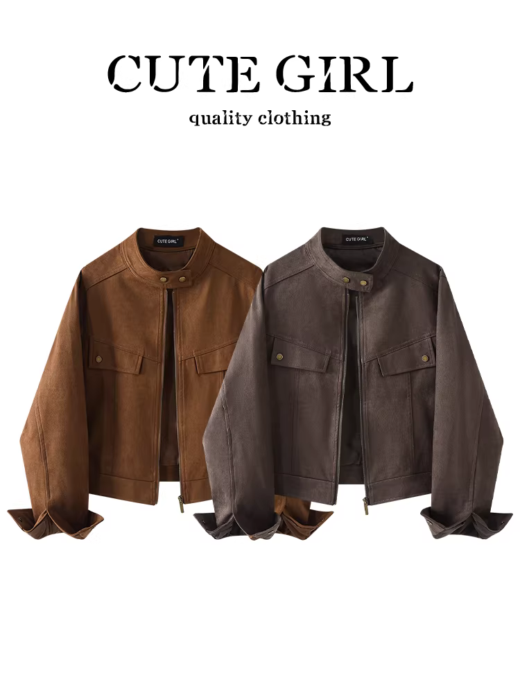 Áo khoác da lộn màu nâu lấy cảm hứng từ thiết kế CuteGirl dành cho nữ, mùa thu, cỡ nhỏ, dáng rộng, giản dị, đa năng, áo khoác giảm béo.