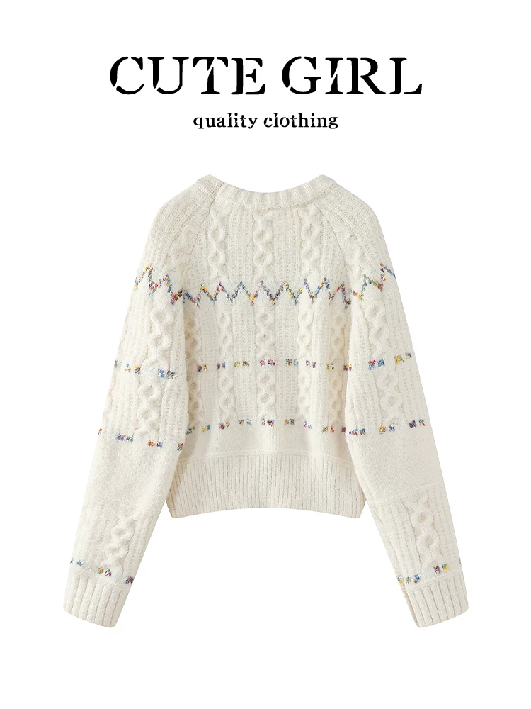 Áo len cổ tròn jacquard phối màu cổ điển CuteGirl dành cho nữ, thiết kế mùa đông, dáng rộng, giản dị, đa năng, áo giảm tuổi tác