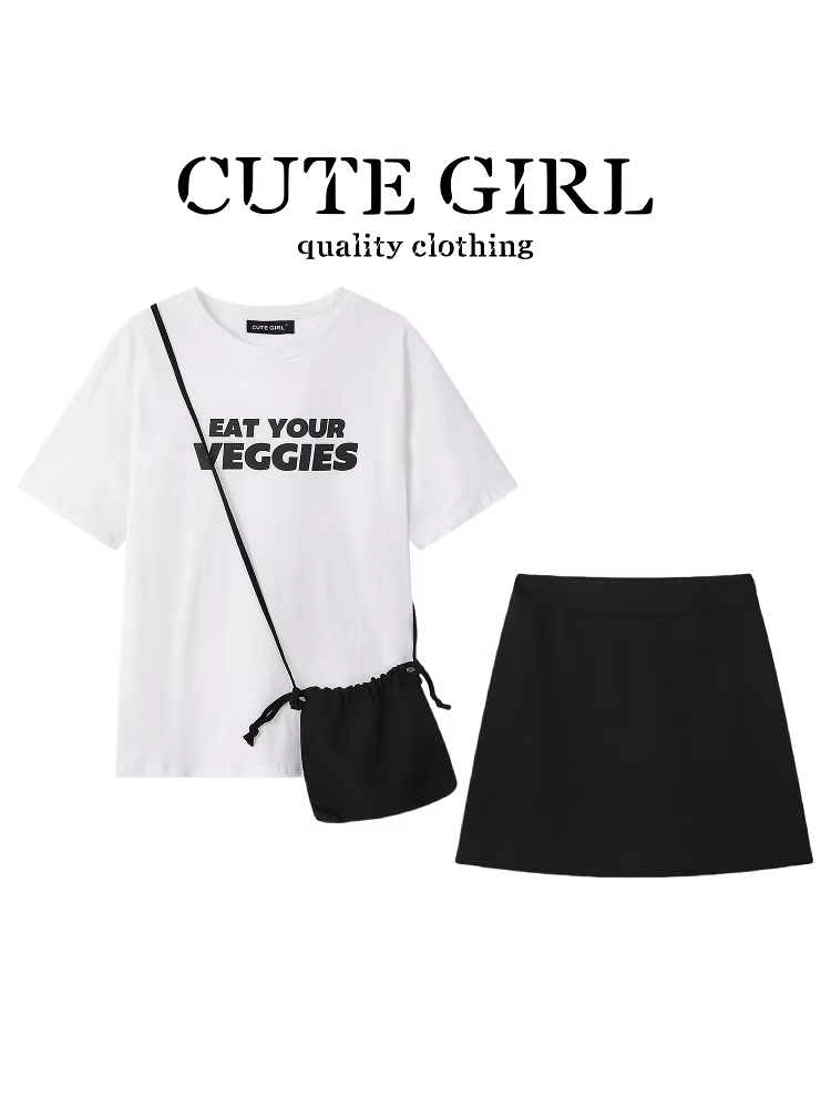 Bộ trang phục mùa hè xinh xắn của CuteGirl dành cho nữ, áo thun ngắn tay in chữ màu trắng, váy chữ A, bộ ba món