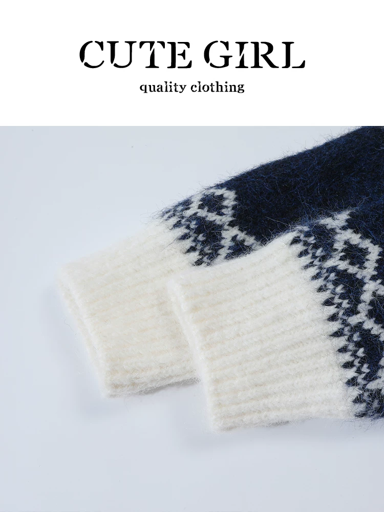 Áo len có khóa kéo jacquard Fair Isle lấy cảm hứng từ thiết kế CuteGirl dành cho nữ, phong cách mùa đông, dáng rộng và đa năng, chất liệu dệt kim có cổ.