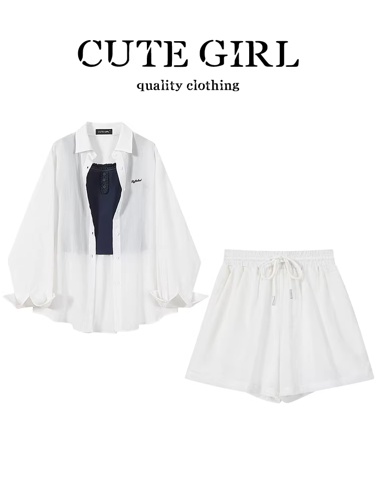 Bộ ba món mùa hè xinh xắn của CuteGirl dành cho nữ: áo chống nắng màu trắng, áo yếm và quần short ống rộng.