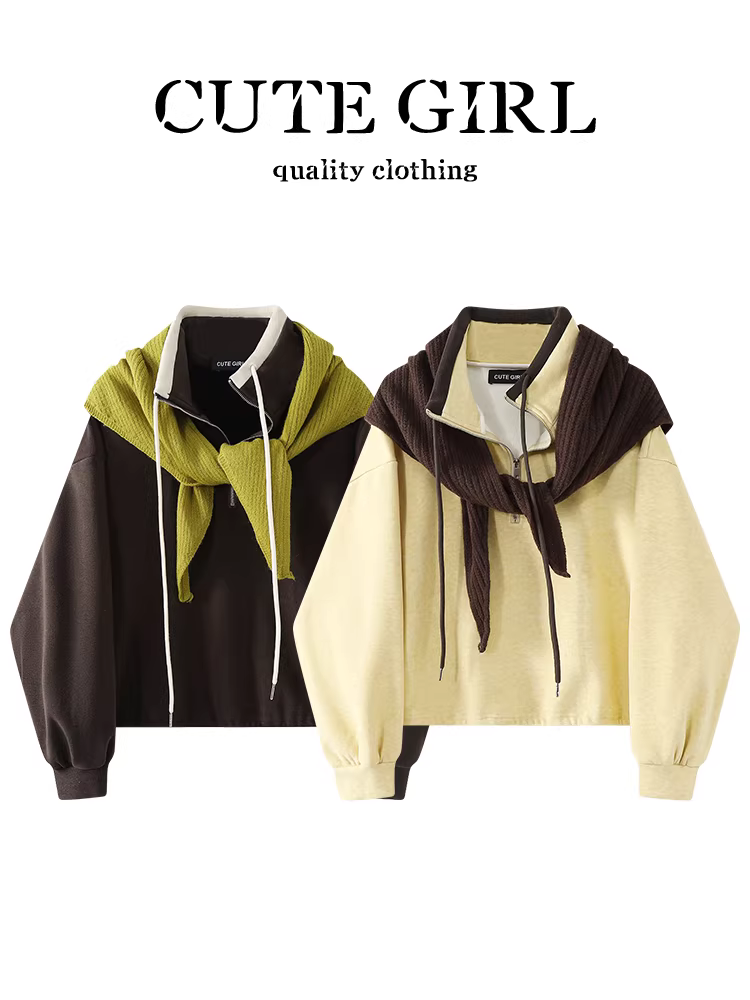 Áo len lót lông cừu màu mơ dịu nhẹ phong cách Hàn Quốc có khăn choàng cho nữ, áo kiểu dáng rộng rãi thanh lịch mùa thu, đa năng