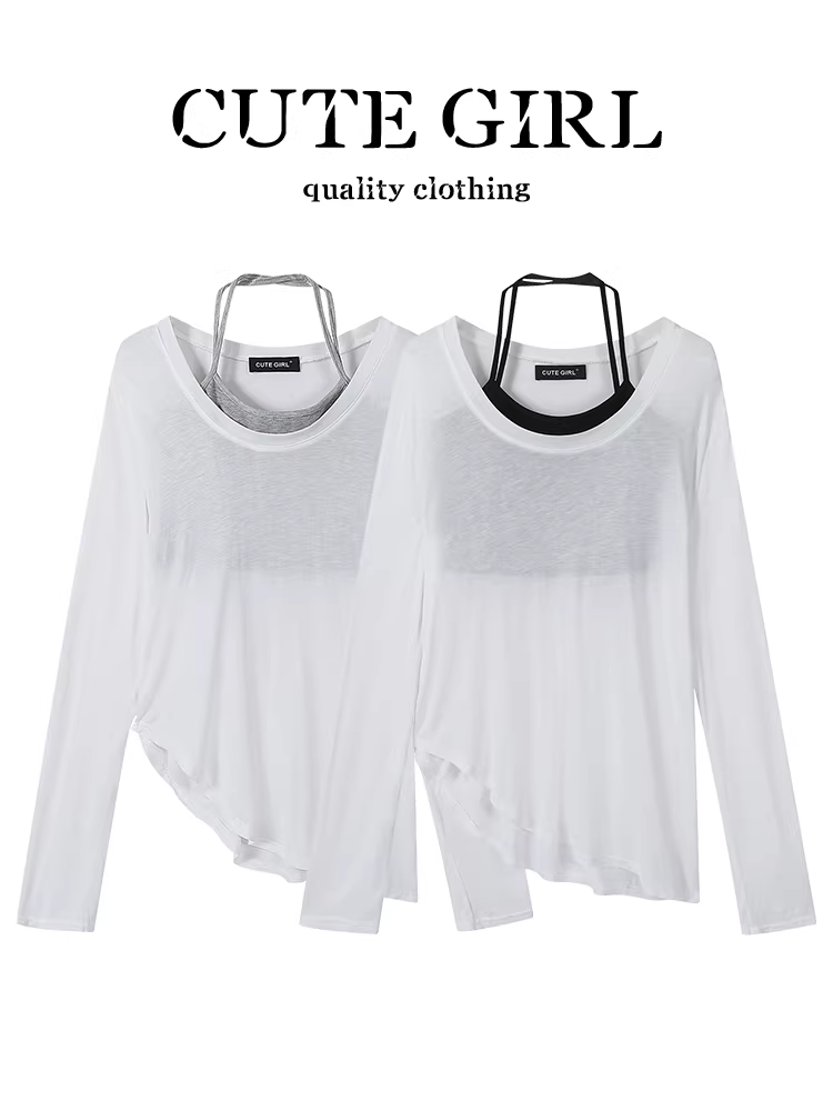 Bộ đồ cao cấp và sành điệu của CuteGirl dành cho nữ, áo dài tay màu trắng đầu thu với áo vest cổ yếm, bộ hai mảnh