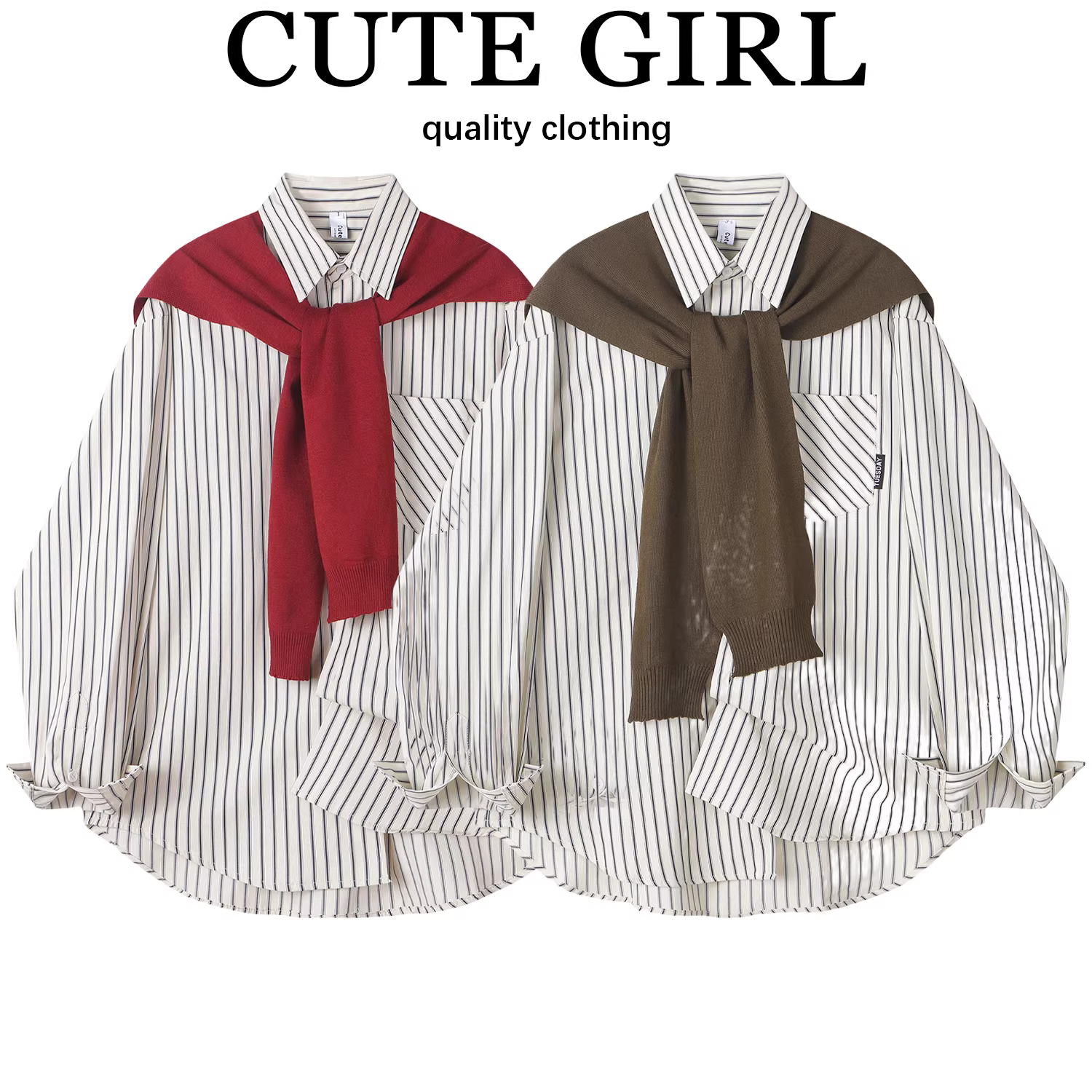 Áo sơ mi sọc dài tay phong cách Pháp có khăn choàng dành cho nữ, áo khoác xếp lớp đa năng phong cách cổ điển mùa xuân