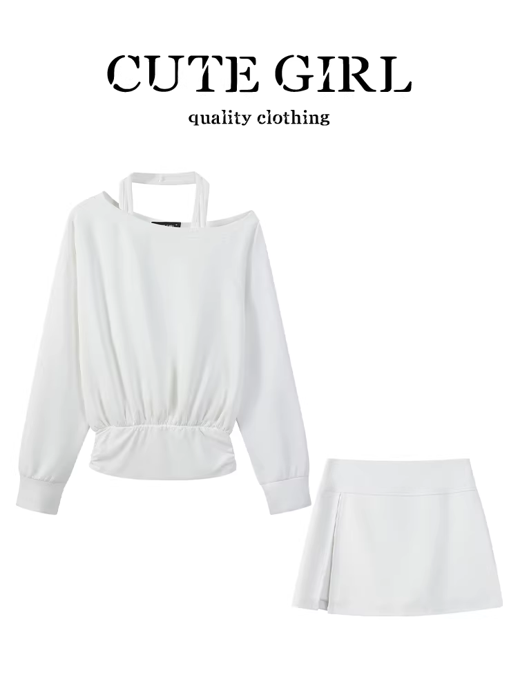 Trang phục phong cách thoải mái của CuteGirl: Bộ trang phục hoàn chỉnh gồm áo thun dài tay cổ yếm màu trắng mùa thu dành cho nữ và váy chữ A hai mảnh.