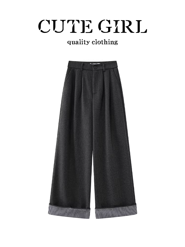 Quần âu màu xám cổ điển kiểu Hàn Quốc dễ thương dành cho nữ, quần ống rộng đa năng dáng rộng cao cấp mùa thu