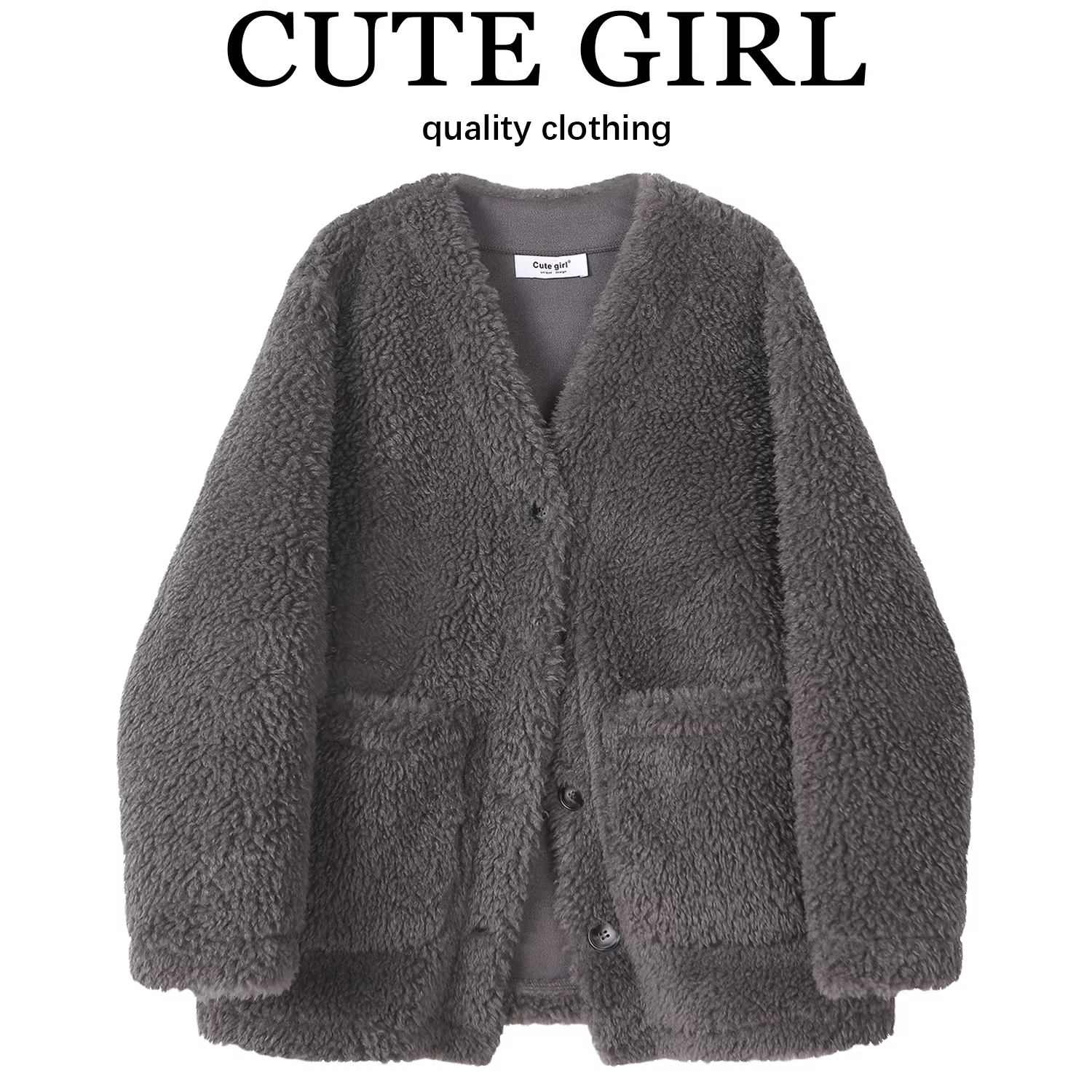 Áo khoác len cừu cổ chữ V màu xám thanh lịch phong cách Hàn Quốc dành cho nữ, đa năng cho mùa thu đông, áo khoác dày dặn và ấm áp.